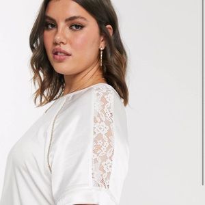 River Island Plus satin mix t-shirt in cream with good details